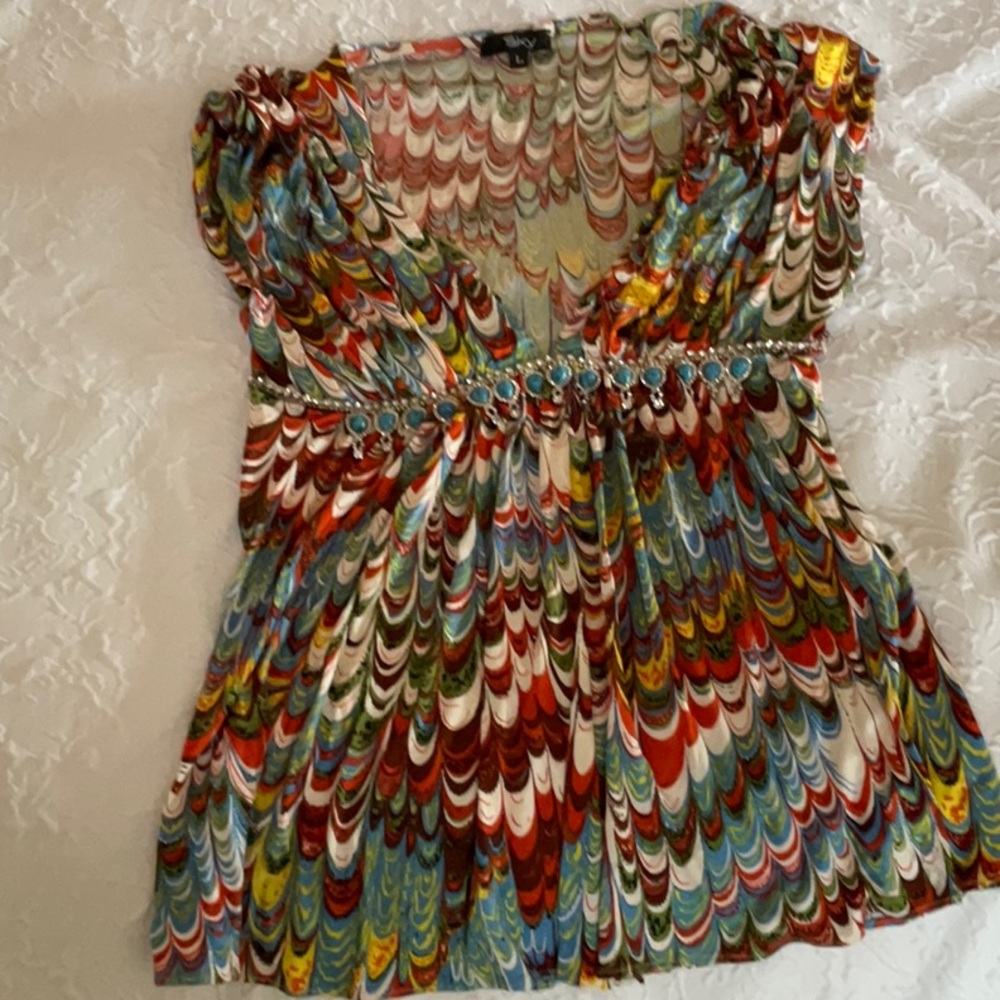 SKY multi colored top turquoise jewel band large silk absolutely stunning shirt - Picture 4 of 7
